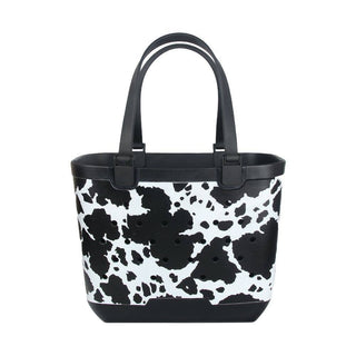 Cow Print Rubber Beach Tote Bag - Small: Black
