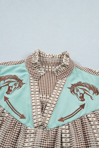 PRETTY BASH Western Pony Embroidered Gingham Blouse: Brown / M