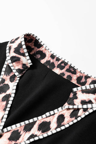 PRETTY BASH Leopard Trim Puff Sleeve Buttoned V-Neck Shirt: Black / XL