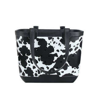 Cow Print Rubber Beach Tote Bag - Small: Black