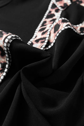PRETTY BASH Leopard Trim Puff Sleeve Buttoned V-Neck Shirt: Black / S