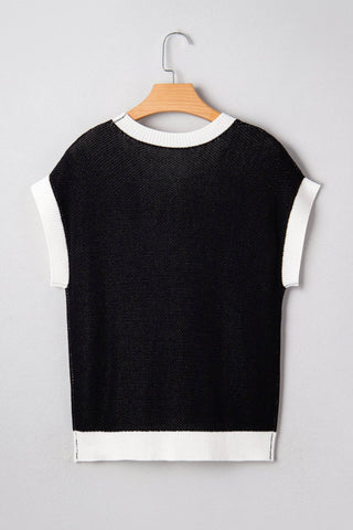 Western Horseshoe Contrast Trim Short Sleeve Sweater: Goat / S