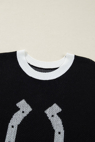 Western Horseshoe Contrast Trim Short Sleeve Sweater: Goat / L