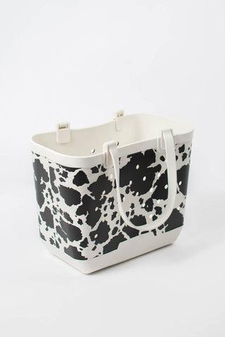 Cow Print Rubber Beach Tote Bag - Small: Black
