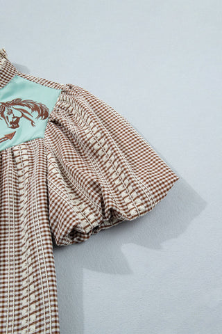PRETTY BASH Western Pony Embroidered Gingham Blouse: Brown / L