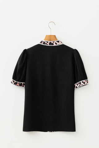 PRETTY BASH Leopard Trim Puff Sleeve Buttoned V-Neck Shirt: Black / XL