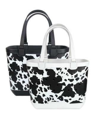 Cow Print Rubber Beach Tote Bag - Small: Black