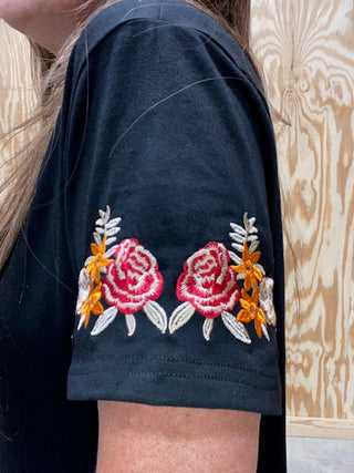 Black Embroidered Shoulder Tee - Sweetwater Boutique 