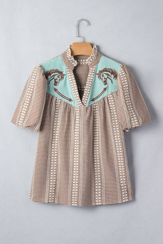 PRETTY BASH Western Pony Embroidered Gingham Blouse: Brown / M