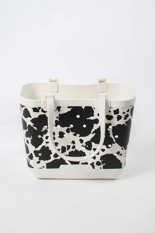 Cow Print Rubber Beach Tote Bag - Small: Black