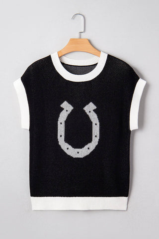 Western Horseshoe Contrast Trim Short Sleeve Sweater: Goat / S