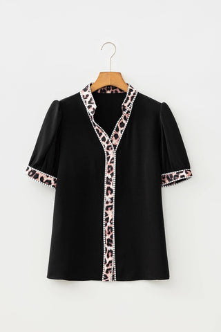 PRETTY BASH Leopard Trim Puff Sleeve Buttoned V-Neck Shirt: Black / XL