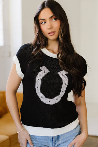 Western Horseshoe Contrast Trim Short Sleeve Sweater: Goat / S